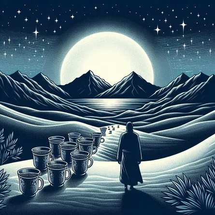 Craft a detailed illustration of a journey happening under the gleaming moonlight, where the focal person is leaving behind eight cups brimming to their rims, as a sign of a deep-seated abandoning. The backdrop of this poignant scene is a serene nocturnal desert, its tranquillity only interrupted by the outline of towering mountains far into the distance that the individual will embark upon, representing the mystery of what's to come.