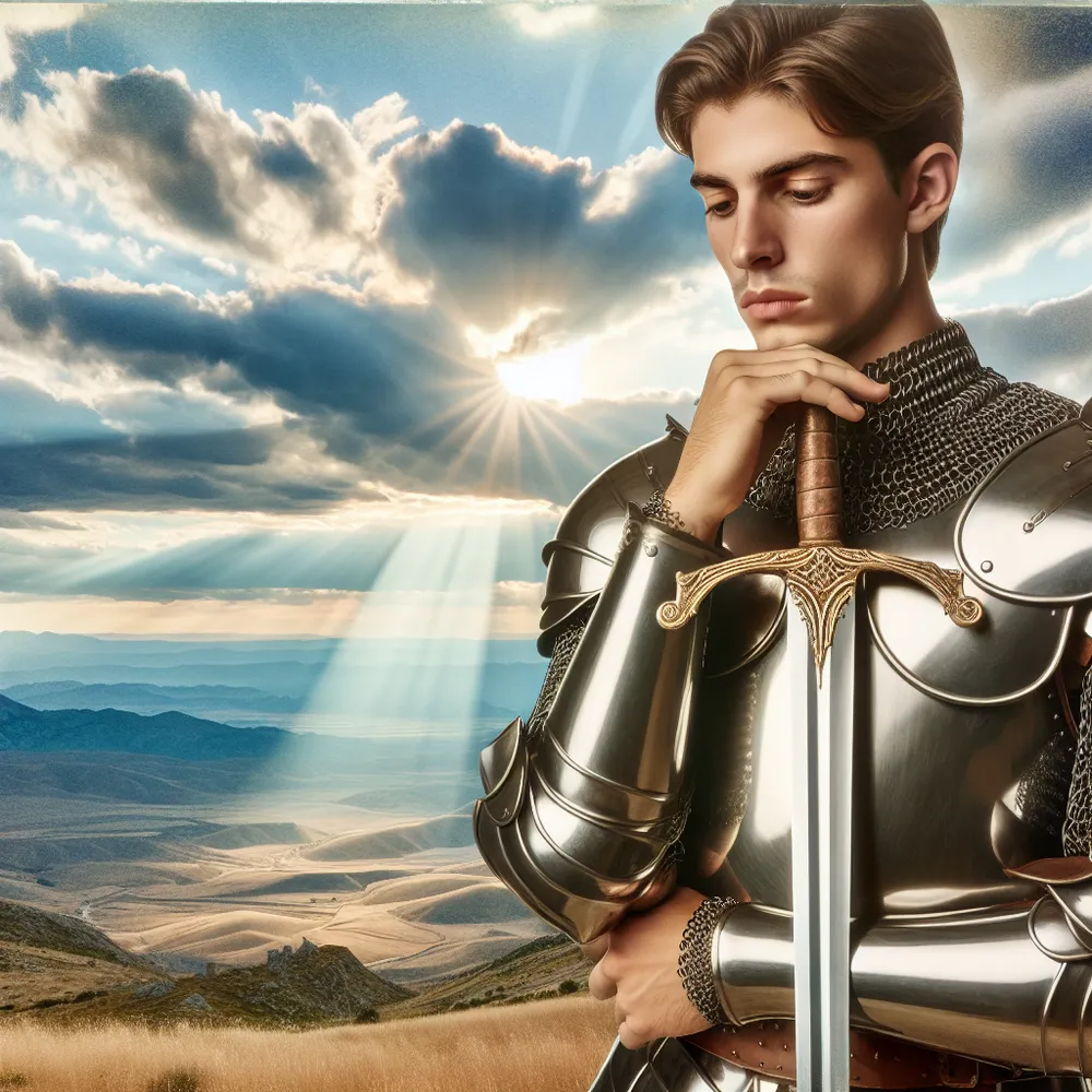 Create an image that portrays a young Middle-Eastern medieval knight in a contemplative stance. This knight is clad in shining armor and holding a gleaming double-edged sword. The backdrop is an expansive and picturesque landscape of rolling hills and vast skies. The scene should convey the thoughtful and introspective essence typical of the Page of Swords tarot card.