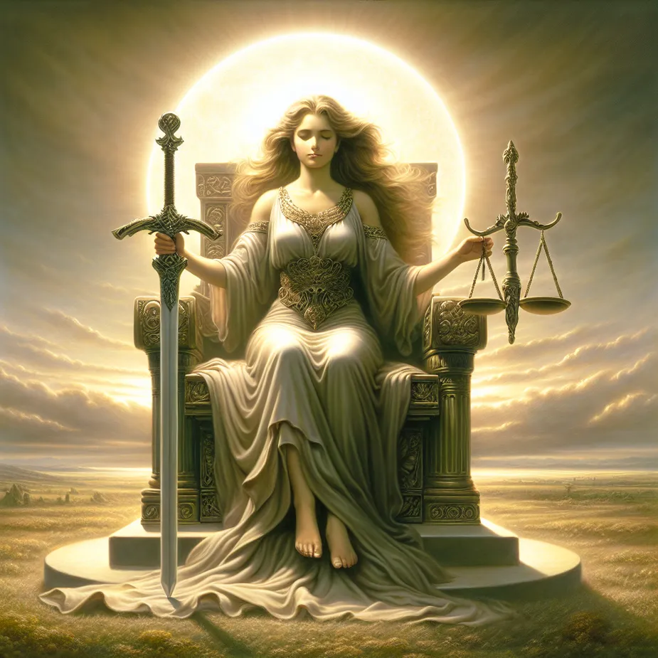 An image of a strong, noble Hispanic woman seated on a throne in an expansive, clear landscape. She should be clutching a large, upright sword in one hand and a scale of justice in the other. The wind is gently blowing all around her, infusing the scene with a sense of tranquility and calm. An illuminated, brilliant sky stretches above her, signifying clarity and insight.