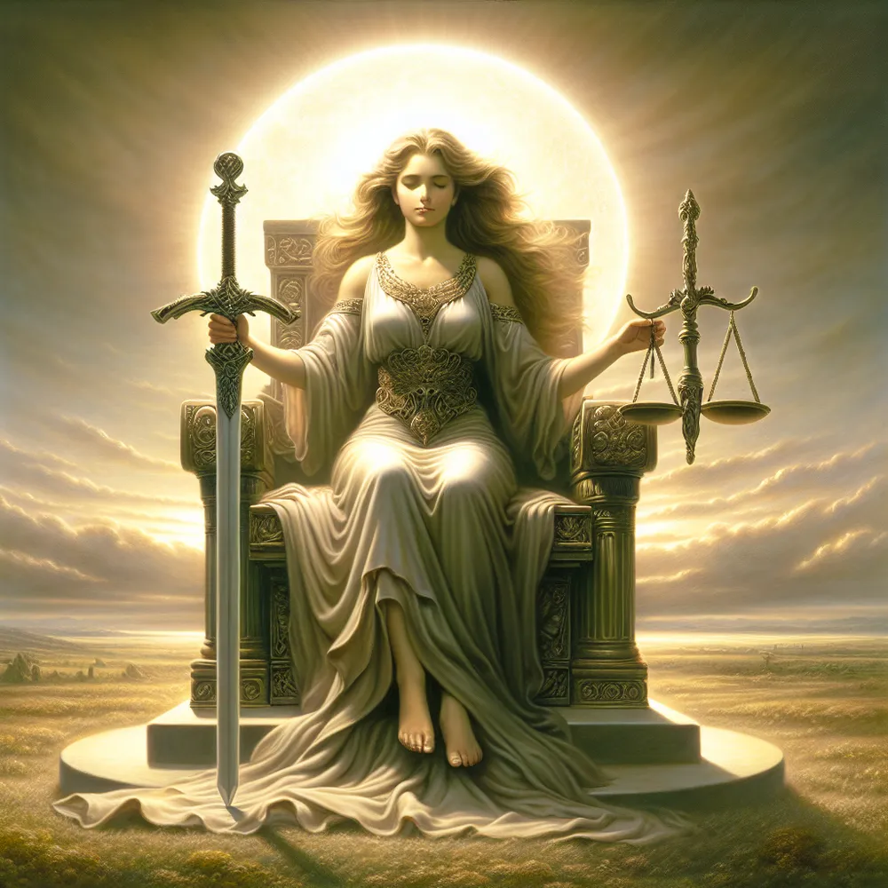 An image of a strong, noble Hispanic woman seated on a throne in an expansive, clear landscape. She should be clutching a large, upright sword in one hand and a scale of justice in the other. The wind is gently blowing all around her, infusing the scene with a sense of tranquility and calm. An illuminated, brilliant sky stretches above her, signifying clarity and insight.