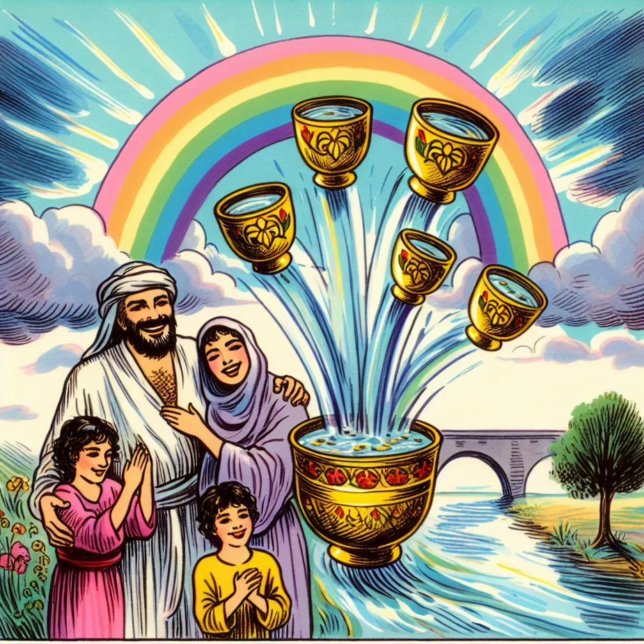 A Middle-Eastern family expressing joy near a rainbow, with ten cups brimming with abundance floating in the sky, mirroring the contentment and fulfillment represented by the Ten of Cups tarot card. The rainbow and family should have a magical, hand-sketched appearance that aligns with the traditional tarot aesthetic. The background paints a picture of vibrancy with a tranquil river passing by, an emblem of emotional flow and tranquility.