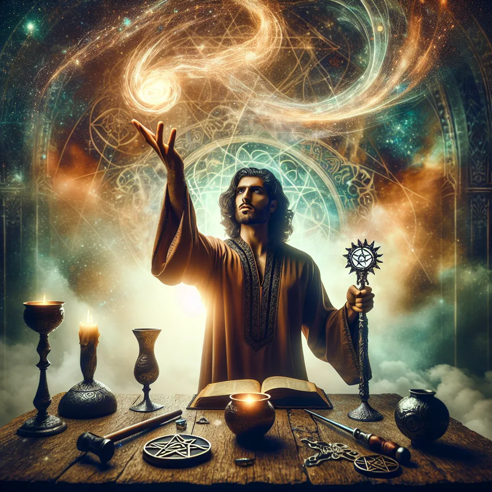A commanding, yet tranquil Middle-Eastern magician occupies the center stage against an enchanting ambience that hints at the four elemental forces - earth, wind, fire, and water. With one hand, he hurls a blossoming wand towards the heavens indicating his spiritual link, whereas his other hand is directed towards the ground expressing his anchorage to the physical realm. Scattered before him on a rugged wooden table lie quintessential magical instruments: a chalice, a pentagram, a blade, and his magical staff. A halo of intense focus envelops him, as he seems to be bringing into existence an ethereal, glowing, spiral wisps of energy from the void.