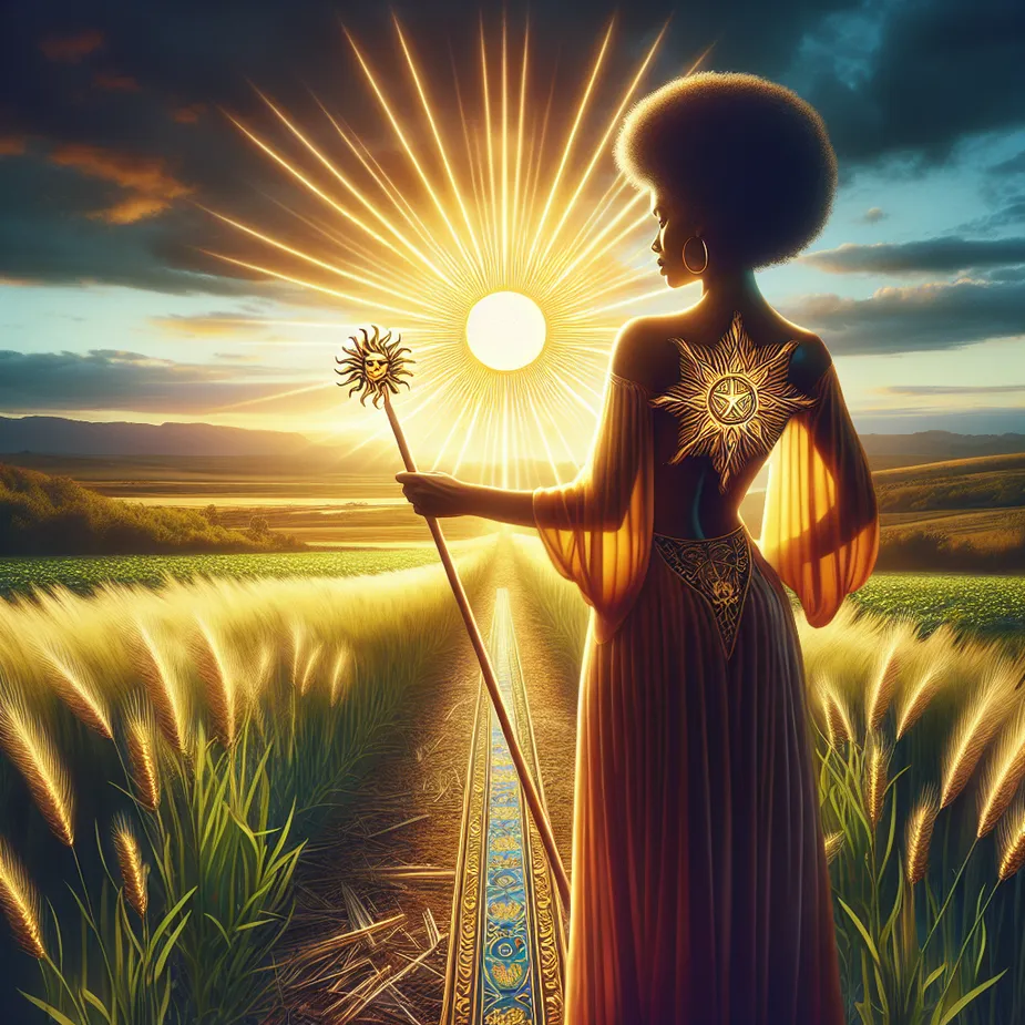Generate a romantic and inspiring interpretation of the Sun tarot card. Represent an African-American woman standing firmly on the ground in a fertile field that stretches away into the distance. In the heart region, visualize a bright, glowing sun radiating with vibrant energy and casting warm light onto the surrounding landscape and the path ahead. In her hand, have her hold a wand symbolizing passion and creativity. Render the scene with a sense of peace and hope, highlighting the symbolic elements of the tarot card while creating an atmosphere of personal growth and prosperity.