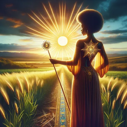 Generate a romantic and inspiring interpretation of the Sun tarot card. Represent an African-American woman standing firmly on the ground in a fertile field that stretches away into the distance. In the heart region, visualize a bright, glowing sun radiating with vibrant energy and casting warm light onto the surrounding landscape and the path ahead. In her hand, have her hold a wand symbolizing passion and creativity. Render the scene with a sense of peace and hope, highlighting the symbolic elements of the tarot card while creating an atmosphere of personal growth and prosperity.